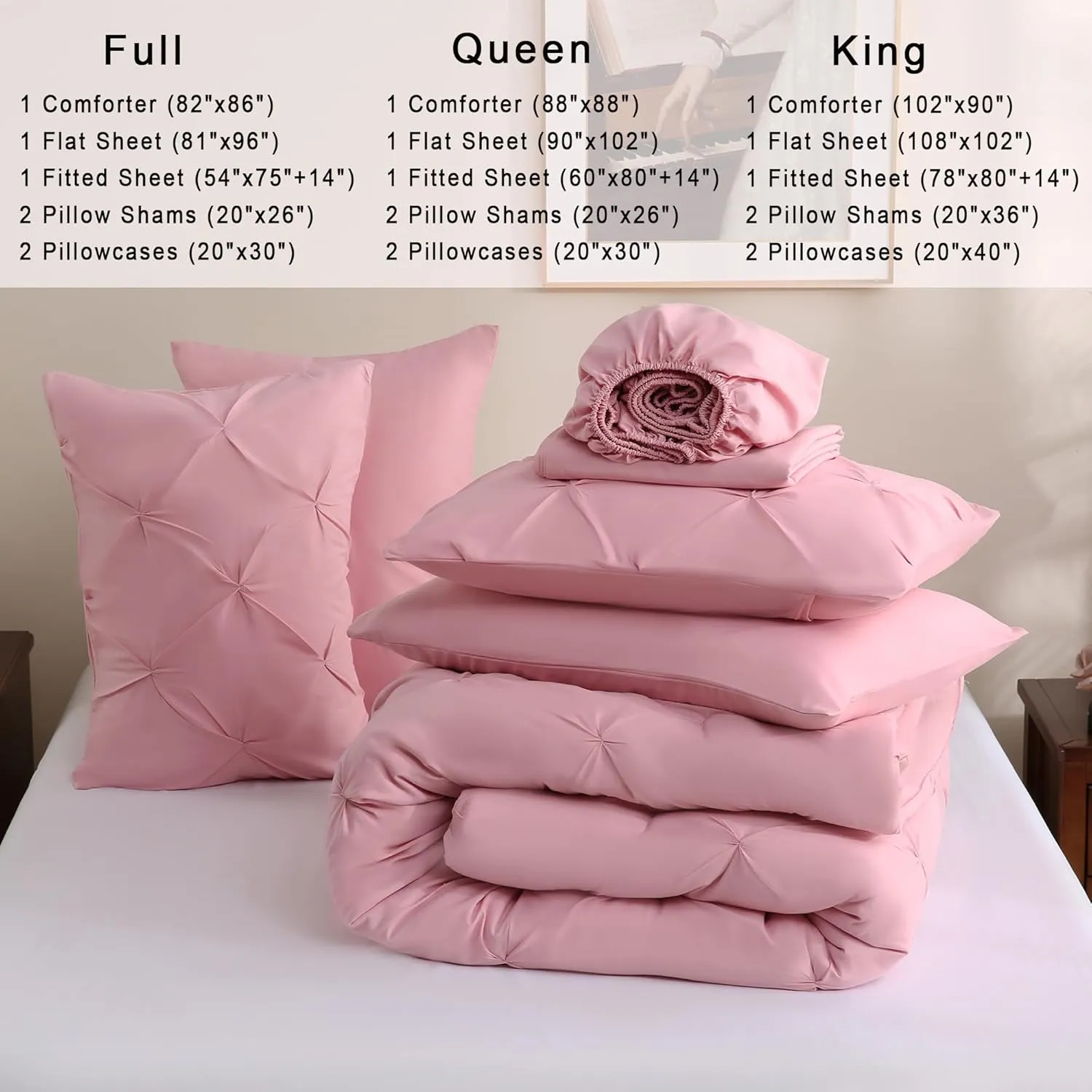 DOWNCOOL 7 Pieces Pink Queen Comforter Set, Pintuck Bed in A Bag Queen, Pinch Pleat Bed Set, All Season Bedding Sets with Comforter, Flat Sheet, Fitted Sheet, Pillowcases & Shams