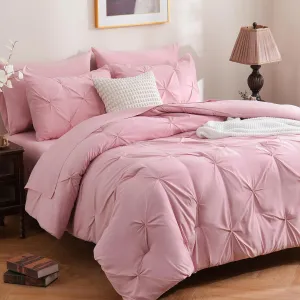 DOWNCOOL 7 Pieces Pink Queen Comforter Set, Pintuck Bed in A Bag Queen, Pinch Pleat Bed Set, All Season Bedding Sets with Comforter, Flat Sheet, Fitted Sheet, Pillowcases & Shams
