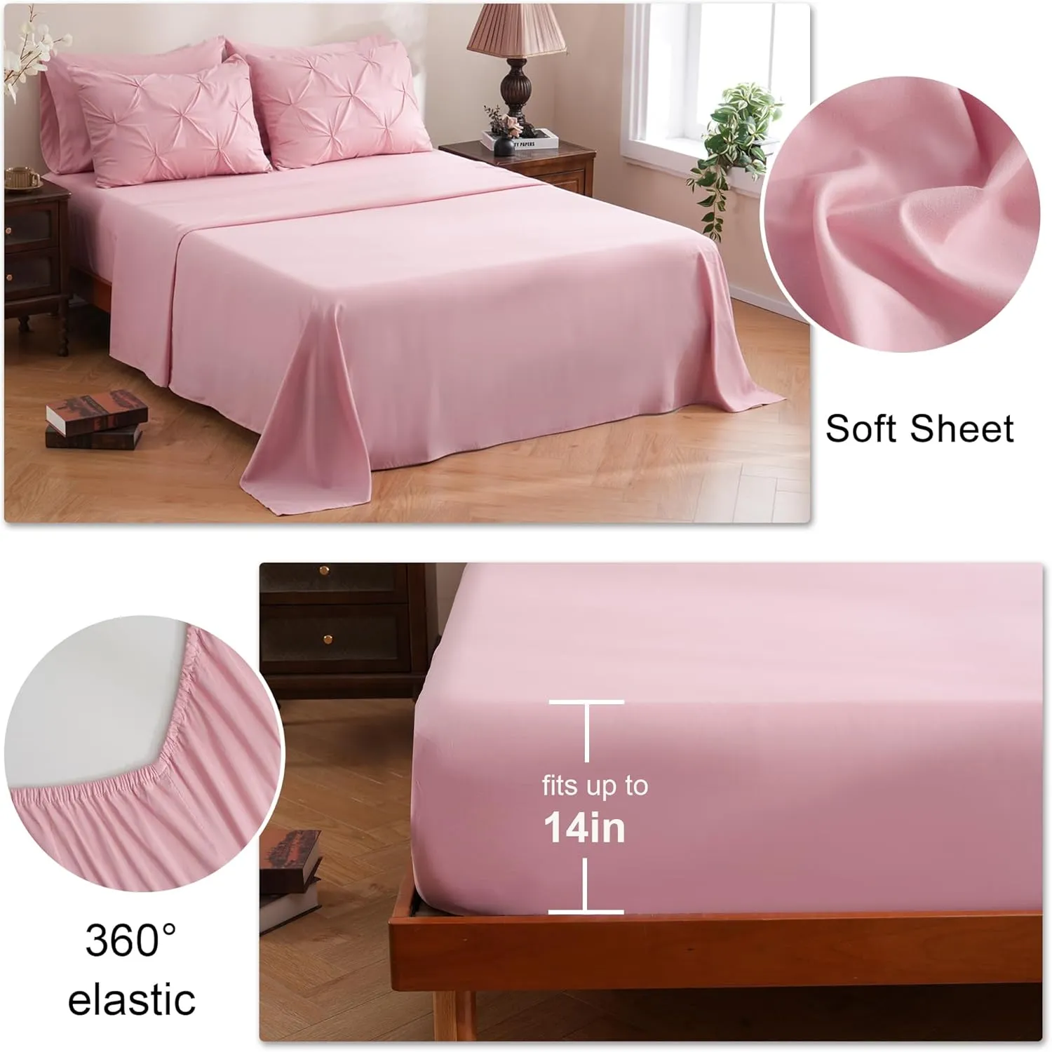 DOWNCOOL 7 Pieces Pink Queen Comforter Set, Pintuck Bed in A Bag Queen, Pinch Pleat Bed Set, All Season Bedding Sets with Comforter, Flat Sheet, Fitted Sheet, Pillowcases & Shams