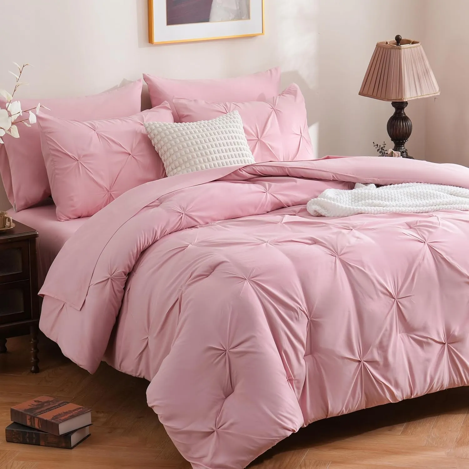 DOWNCOOL 7 Pieces Pink Queen Comforter Set, Pintuck Bed in A Bag Queen, Pinch Pleat Bed Set, All Season Bedding Sets with Comforter, Flat Sheet, Fitted Sheet, Pillowcases & Shams