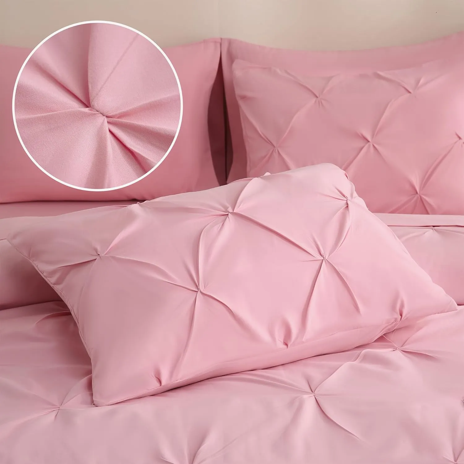 DOWNCOOL 7 Pieces Pink Queen Comforter Set, Pintuck Bed in A Bag Queen, Pinch Pleat Bed Set, All Season Bedding Sets with Comforter, Flat Sheet, Fitted Sheet, Pillowcases & Shams