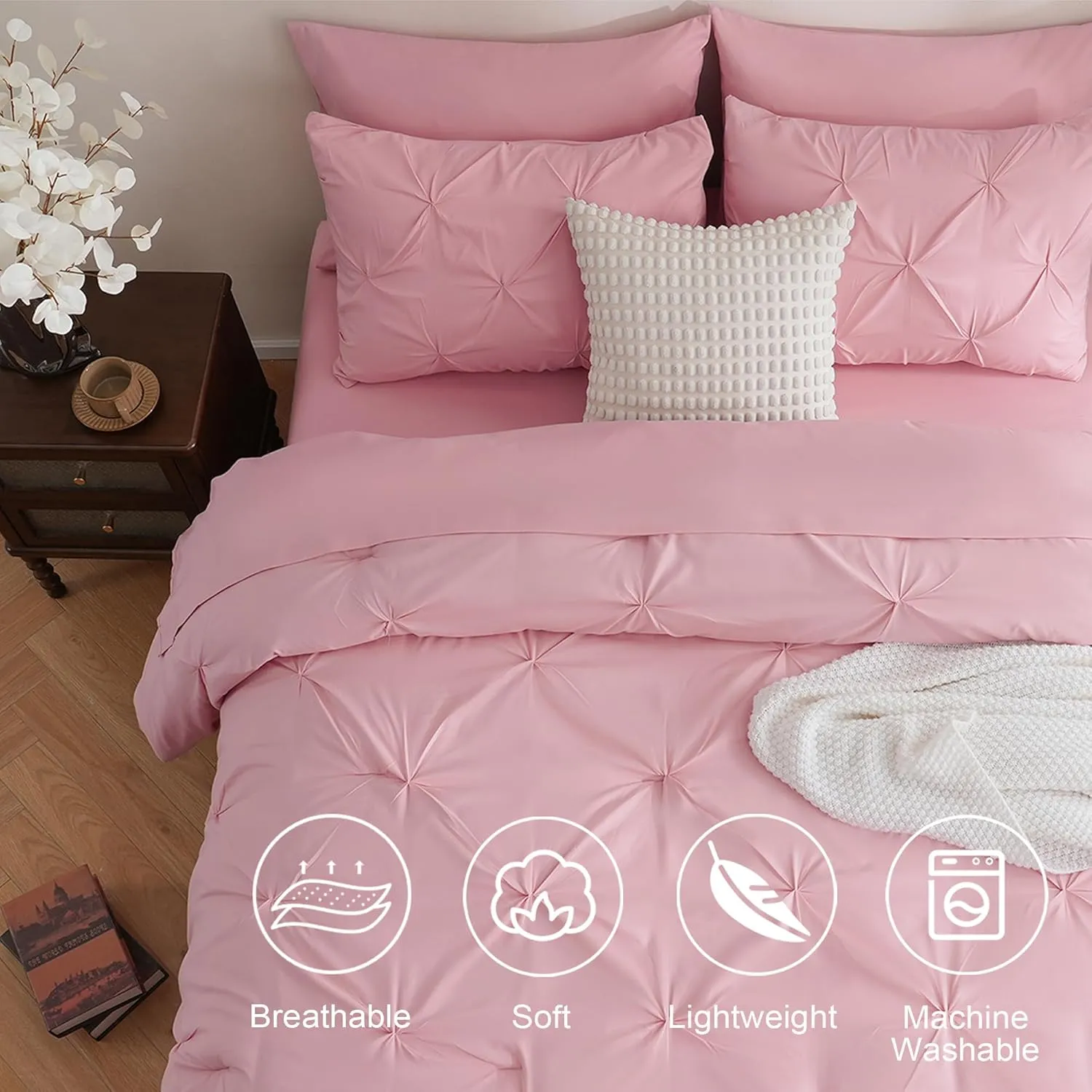 DOWNCOOL 7 Pieces Pink Queen Comforter Set, Pintuck Bed in A Bag Queen, Pinch Pleat Bed Set, All Season Bedding Sets with Comforter, Flat Sheet, Fitted Sheet, Pillowcases & Shams