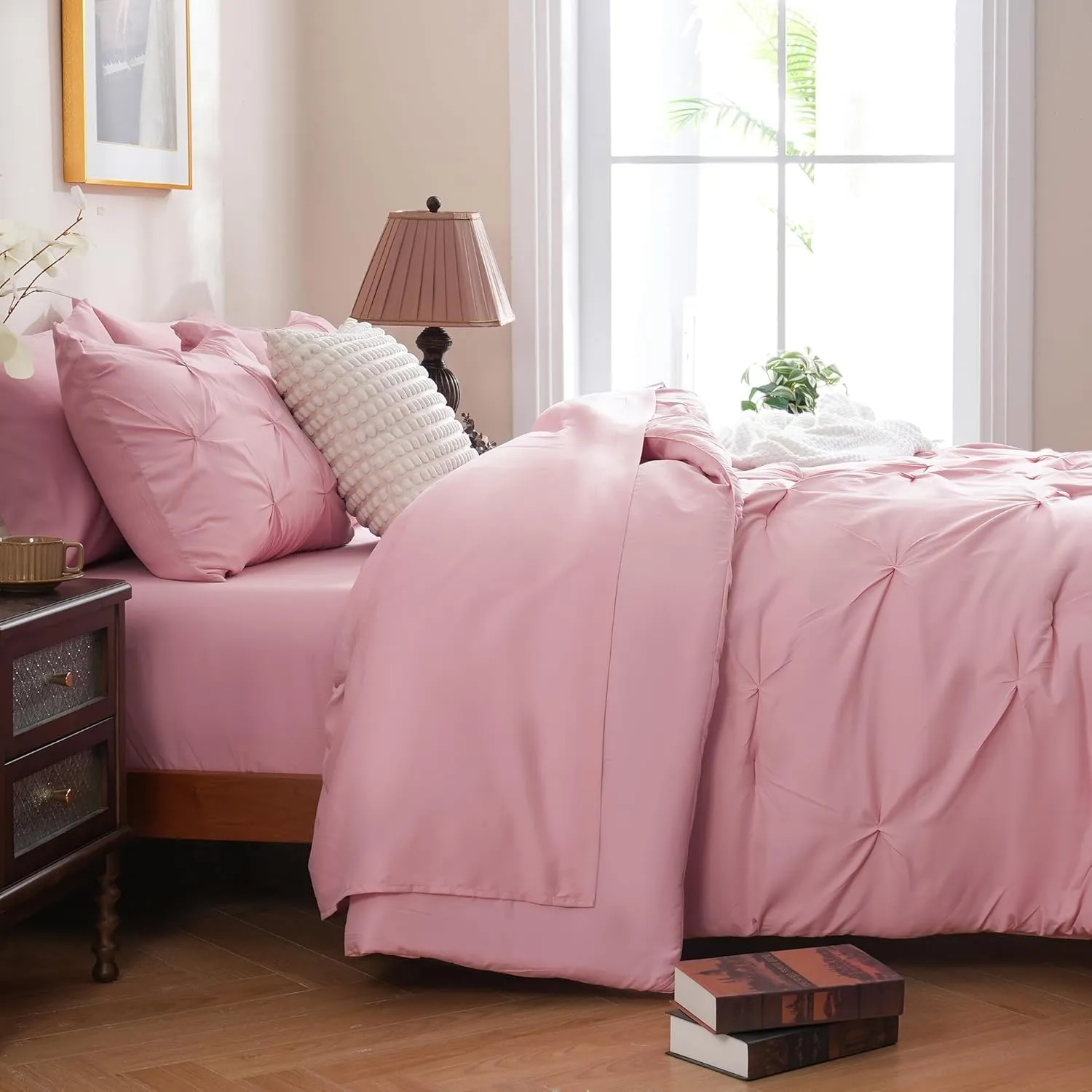 DOWNCOOL 7 Pieces Pink Queen Comforter Set, Pintuck Bed in A Bag Queen, Pinch Pleat Bed Set, All Season Bedding Sets with Comforter, Flat Sheet, Fitted Sheet, Pillowcases & Shams