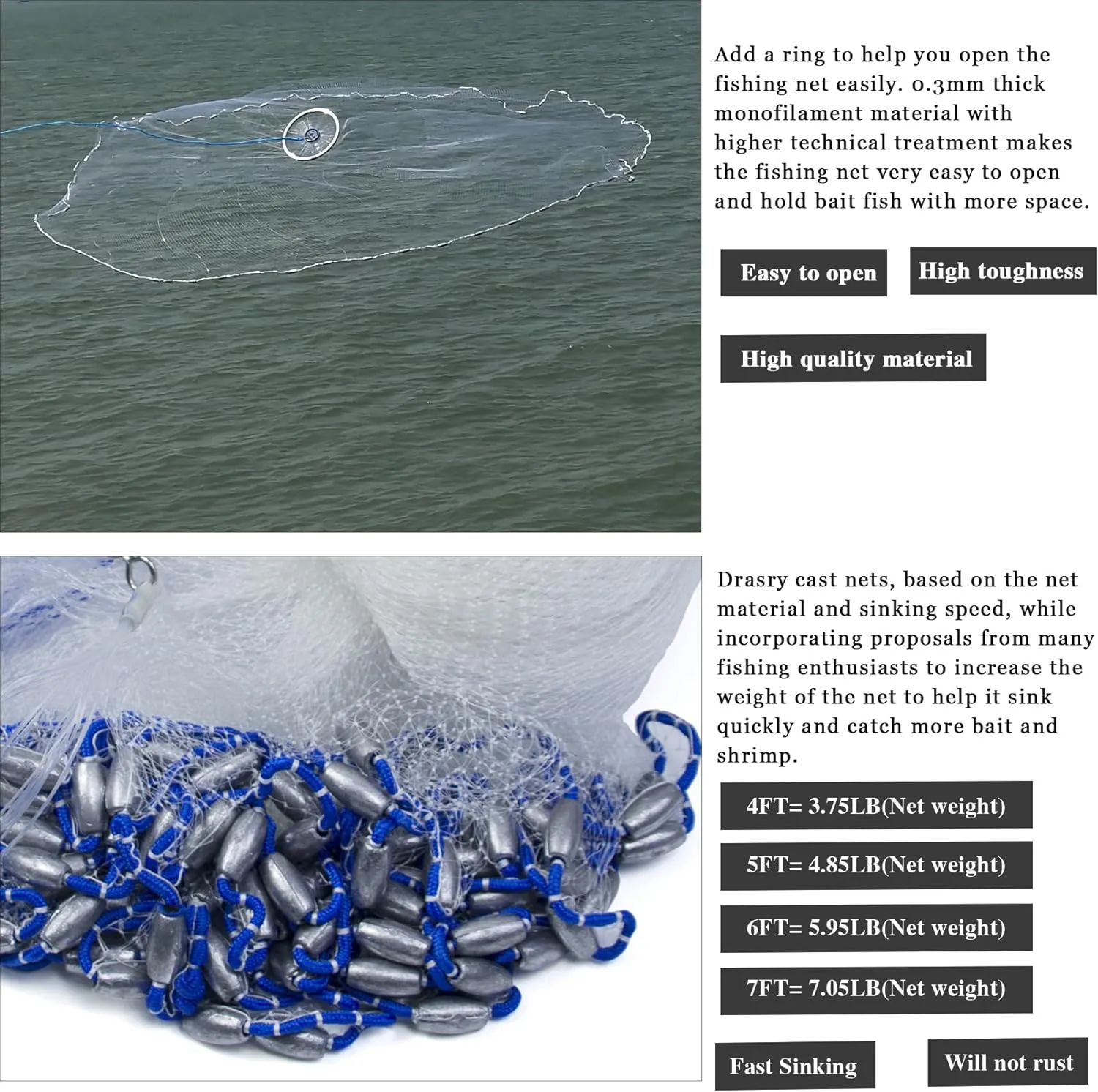 Drasry Fishing Cast Net with Aluminum Ring 3/8 or 1/2 Mesh for Saltwater Freshwater Bait Shrimp Trap Fish Throw Net Heavy Duty Sinker. Size 4FT/5FT/6FT/7FT Radius