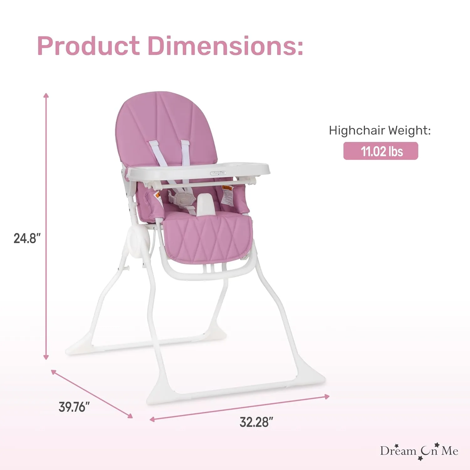 Dream On Me Snack and Stow Baby High Chair in Mauve - Easy to Fold and Store, Portable Travel Chair With Removable and Three Position Adjustable Tray