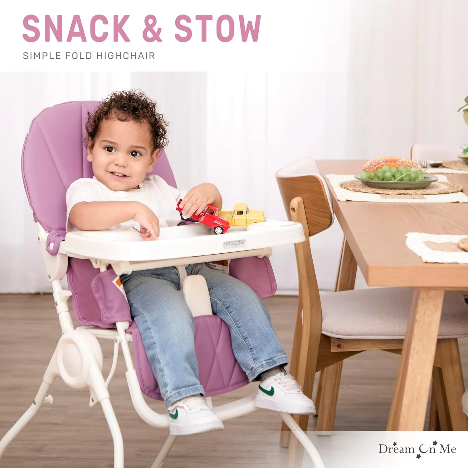 Dream On Me Snack and Stow Baby High Chair in Mauve - Easy to Fold and Store, Portable Travel Chair With Removable and Three Position Adjustable Tray