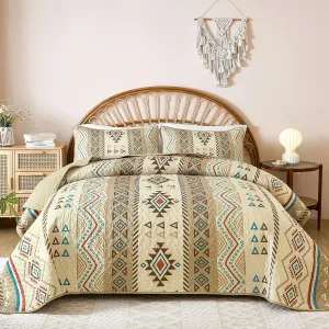 Drucon Boho Queen Size Aztec Quilt Set 3 Pieces Brown Ultra Soft Lightweight Quilt Beddding Set, Microfiber Bohemian Bedspread Coverlet Set with 2 Pillowcases for All Season (Queen, 90"x96")