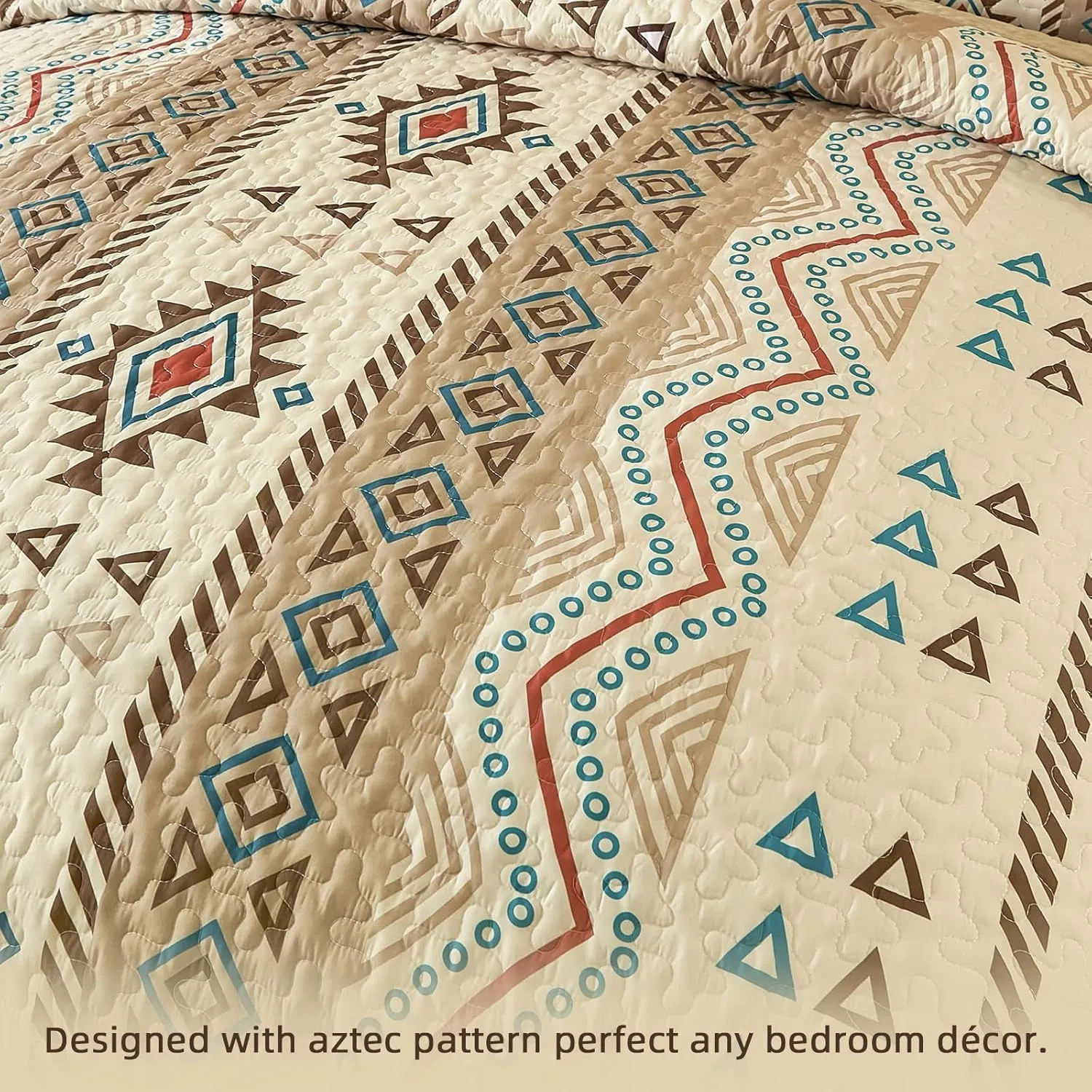 Drucon Boho Queen Size Aztec Quilt Set 3 Pieces Brown Ultra Soft Lightweight Quilt Beddding Set, Microfiber Bohemian Bedspread Coverlet Set with 2 Pillowcases for All Season (Queen, 90"x96")