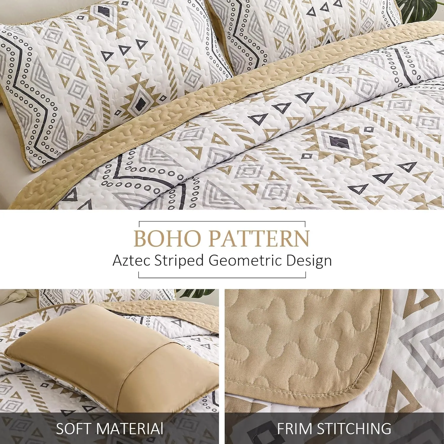 Drucon Boho Queen Size Aztec Quilt Set 3 Pieces Khaki Ultra Soft Lightweight Quilt Beddding Set, Microfiber Bohemian Bedspread Coverlet Set with 2 Pillowcases for All Season (Queen, 90"x96")