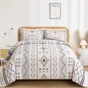 Drucon Boho Queen Size Aztec Quilt Set 3 Pieces Khaki Ultra Soft Lightweight Quilt Beddding Set, Microfiber Bohemian Bedspread Coverlet Set with 2 Pillowcases for All Season (Queen, 90"x96")
