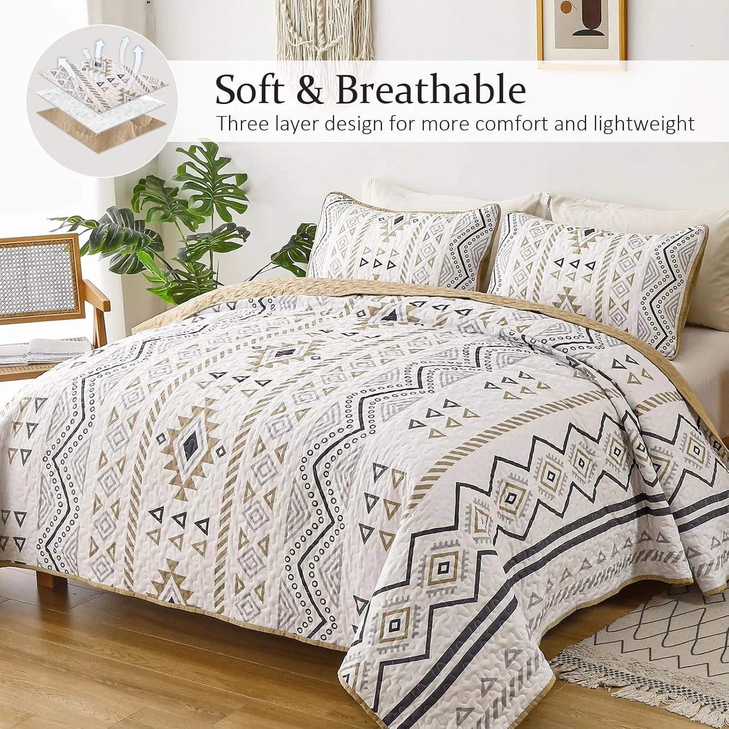Drucon Boho Queen Size Aztec Quilt Set 3 Pieces Khaki Ultra Soft Lightweight Quilt Beddding Set, Microfiber Bohemian Bedspread Coverlet Set with 2 Pillowcases for All Season (Queen, 90"x96")