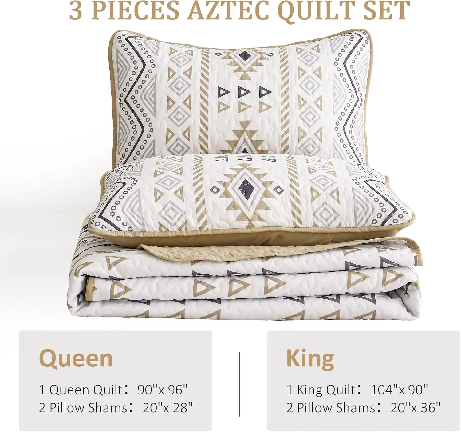 Drucon Boho Queen Size Aztec Quilt Set 3 Pieces Khaki Ultra Soft Lightweight Quilt Beddding Set, Microfiber Bohemian Bedspread Coverlet Set with 2 Pillowcases for All Season (Queen, 90"x96")