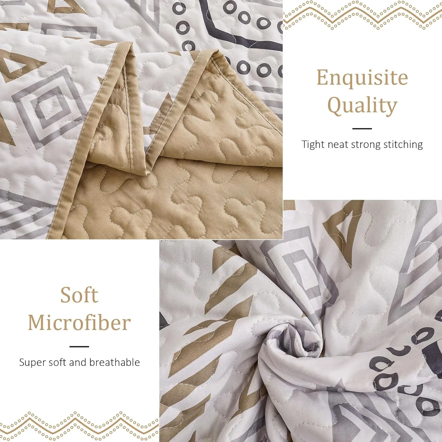 Drucon Boho Queen Size Aztec Quilt Set 3 Pieces Khaki Ultra Soft Lightweight Quilt Beddding Set, Microfiber Bohemian Bedspread Coverlet Set with 2 Pillowcases for All Season (Queen, 90"x96")
