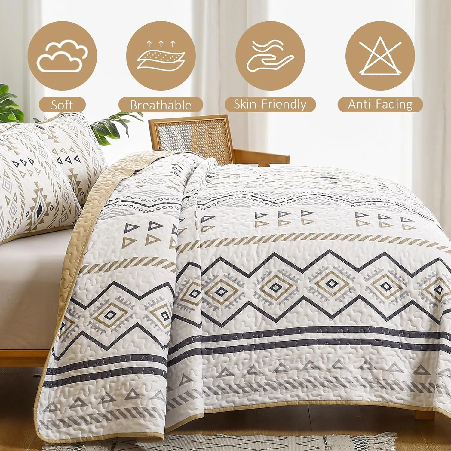 Drucon Boho Queen Size Aztec Quilt Set 3 Pieces Khaki Ultra Soft Lightweight Quilt Beddding Set, Microfiber Bohemian Bedspread Coverlet Set with 2 Pillowcases for All Season (Queen, 90"x96")