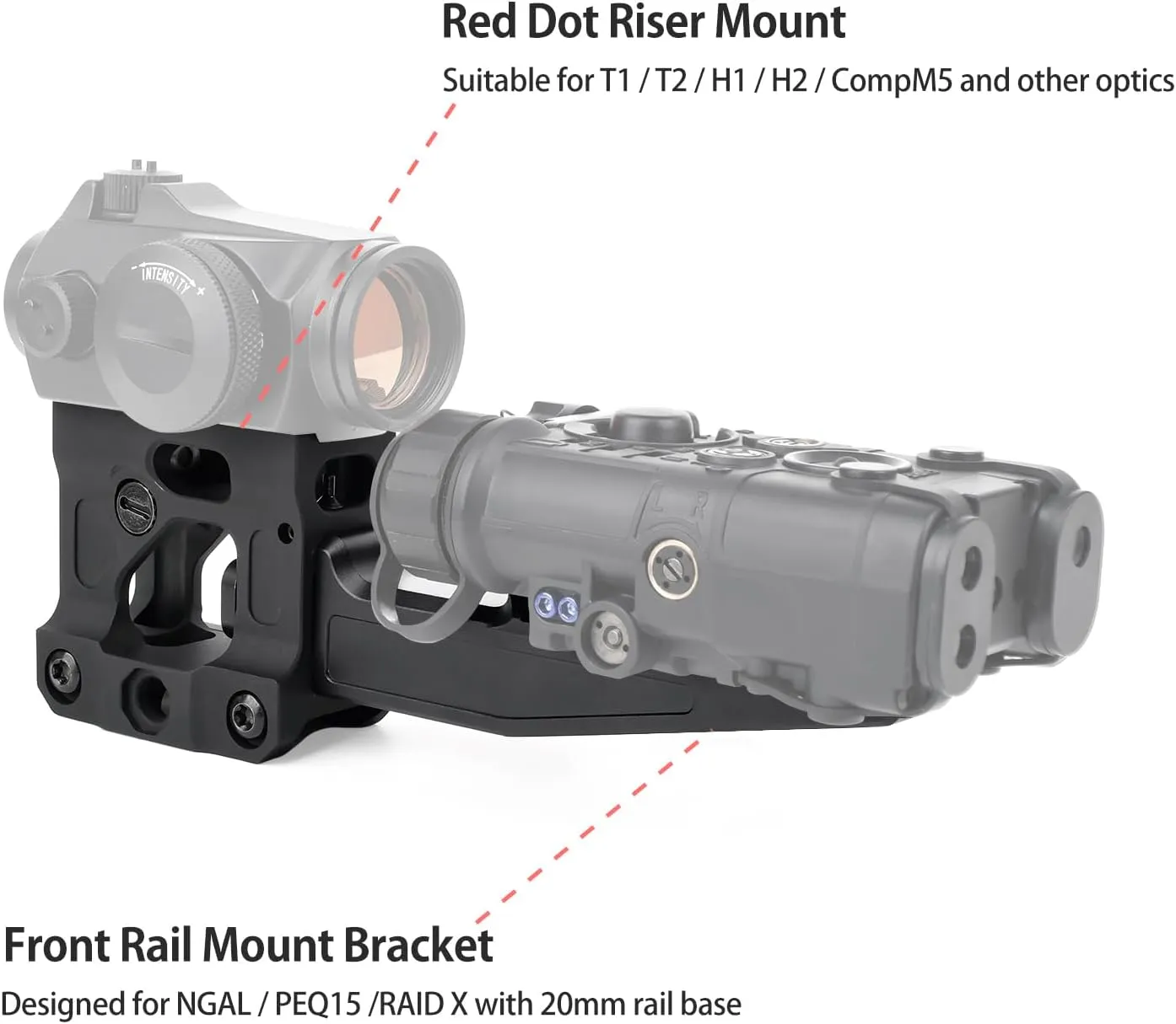 Dual Optics Riser Mount, Picatinny Riser Mount Red Dot Riser 2 Inch High, Optic Scope Sight Laser Riser Mount for T1 T2 Red Dot Optic Scope PEQ Laser Sight, Fit for 20mm Picatinny Rail