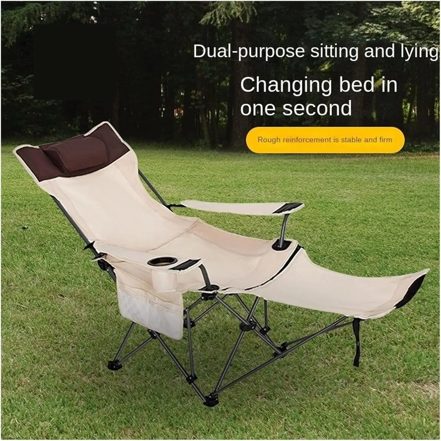 Dual-Purpose Outdoor Folding Chair Portable Nap Lunch Break Fishing Chair Lightweight Beach Chair Lazy Stool Camping Chair, Beige Short