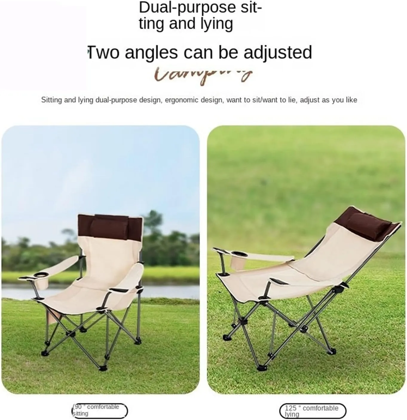 Dual-Purpose Outdoor Folding Chair Portable Nap Lunch Break Fishing Chair Lightweight Beach Chair Lazy Stool Camping Chair, Beige Short