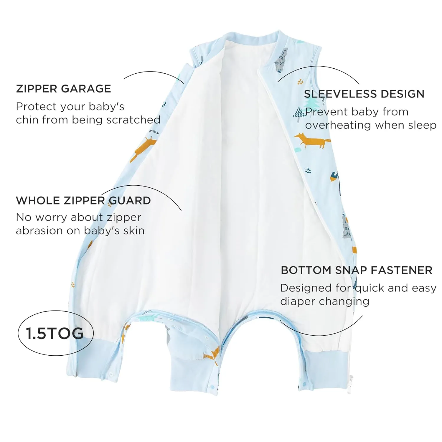 Duomiaomiao 1.5 TOG Toddler Sleep Sack 36-48 Months 100% Cotton Four Season Side Open Zipper Baby Sleep Sack with Feet, Breathable Toddler Wearable Blanket