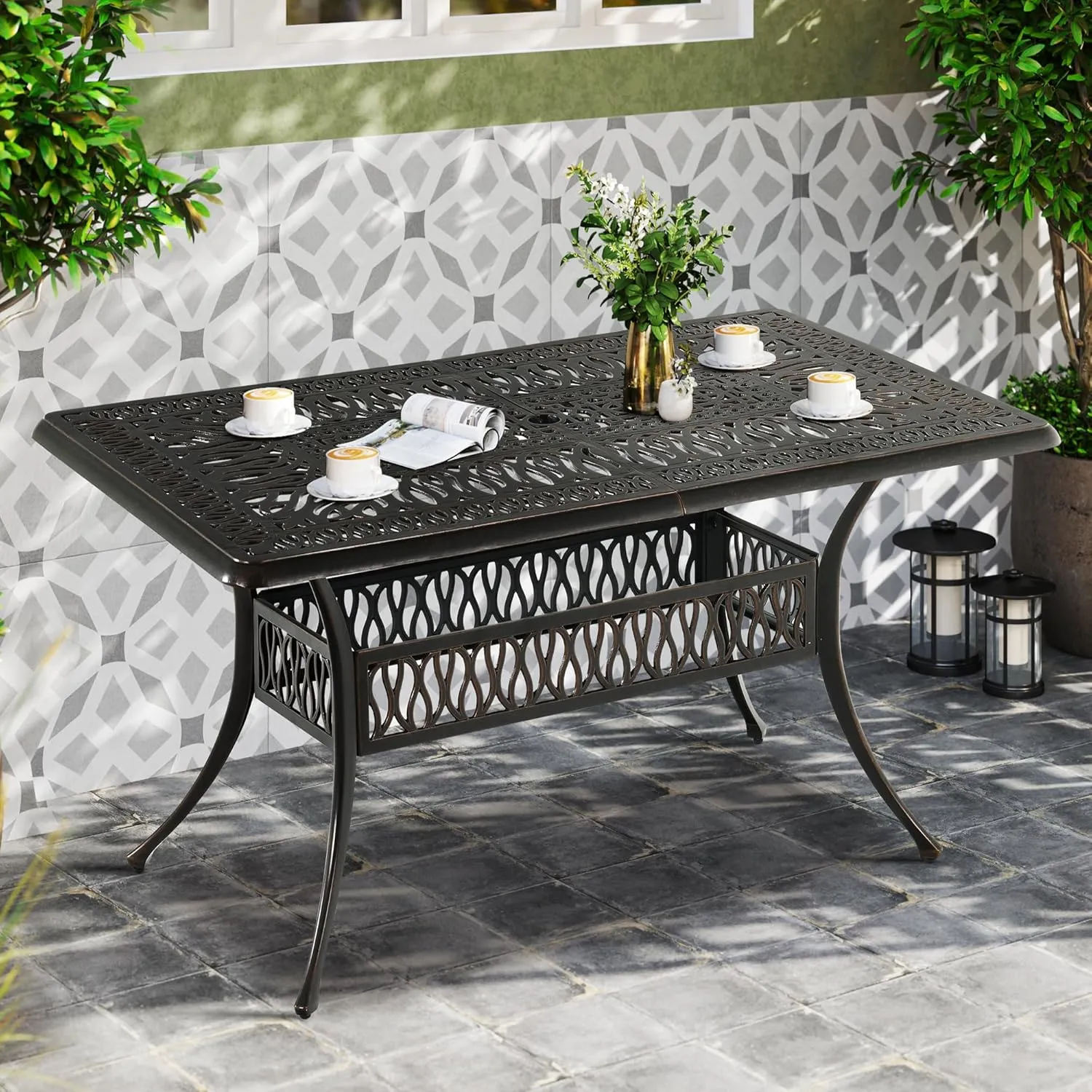 DWVO Cast Aluminum Outdoor Dining Table, 59'' Patio Table w/Max Bearing 220 LBS, Patio Dining Table with 2" Umbrella Hole and Adjustable Foot Pads for Garden, Backyard, Deck and Patio, Bronze