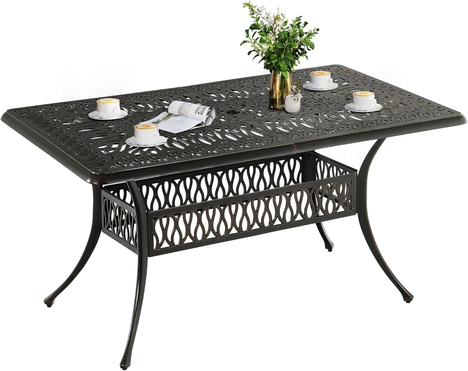 DWVO Cast Aluminum Outdoor Dining Table, 59'' Patio Table w/Max Bearing 220 LBS, Patio Dining Table with 2" Umbrella Hole and Adjustable Foot Pads for Garden, Backyard, Deck and Patio, Bronze