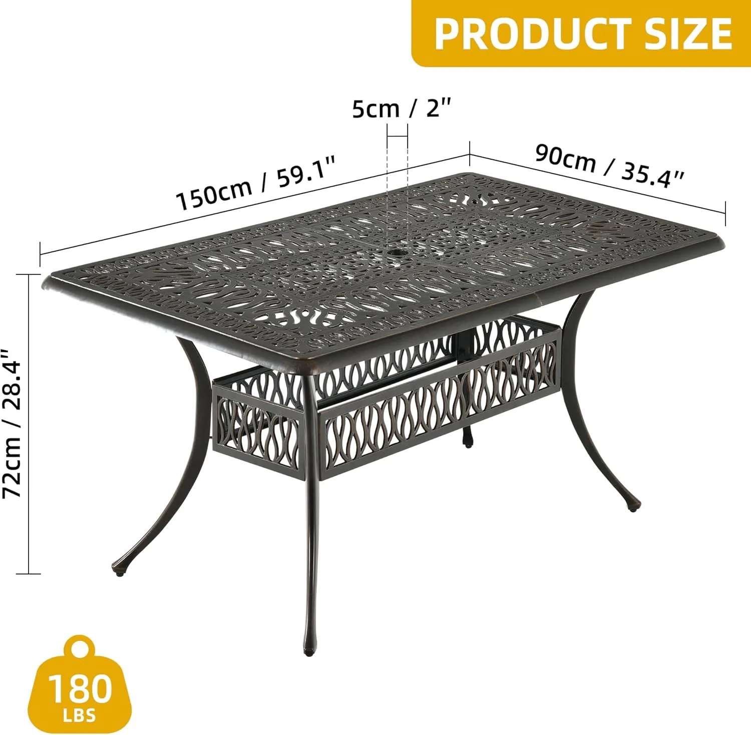 DWVO Cast Aluminum Outdoor Dining Table, 59'' Patio Table w/Max Bearing 220 LBS, Patio Dining Table with 2" Umbrella Hole and Adjustable Foot Pads for Garden, Backyard, Deck and Patio, Bronze
