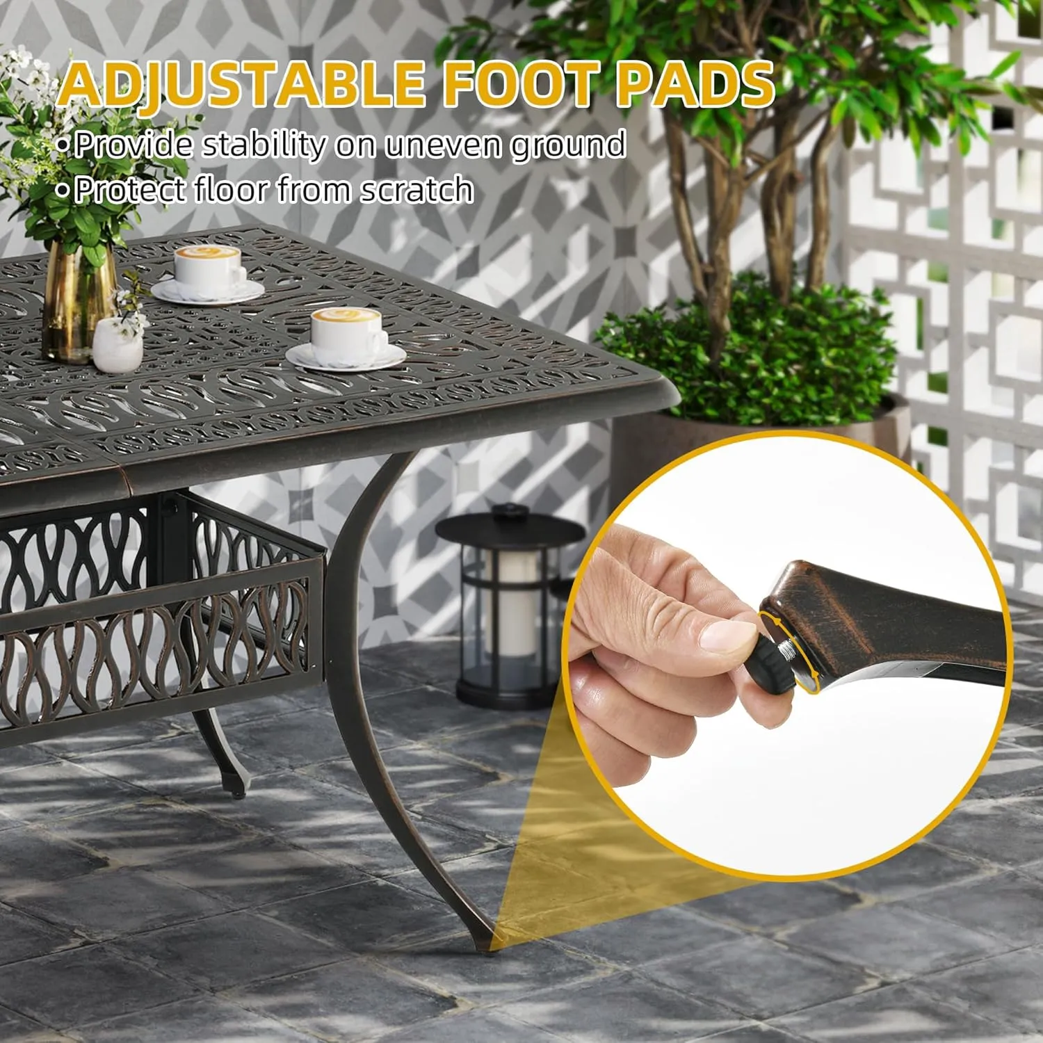 DWVO Cast Aluminum Outdoor Dining Table, 59'' Patio Table w/Max Bearing 220 LBS, Patio Dining Table with 2" Umbrella Hole and Adjustable Foot Pads for Garden, Backyard, Deck and Patio, Bronze
