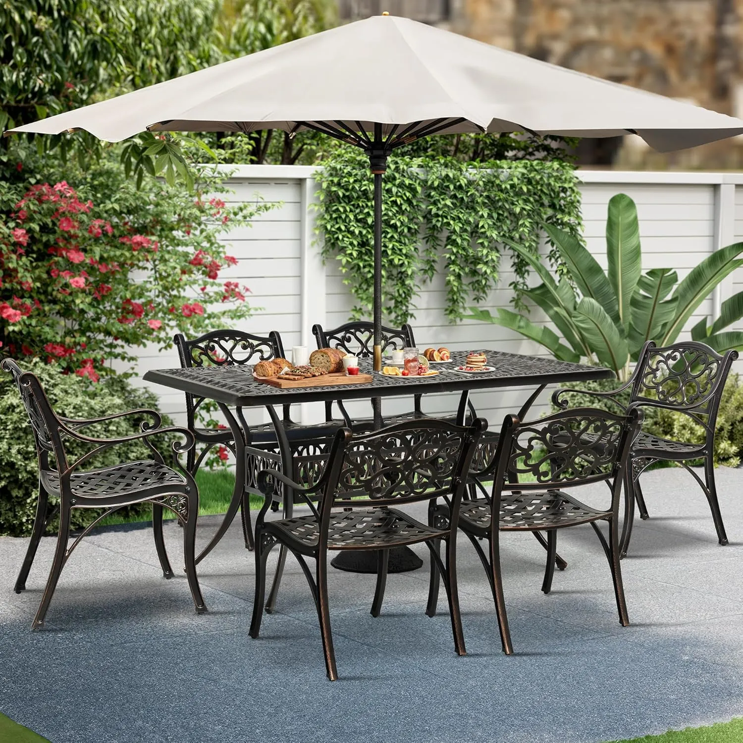 DWVO Cast Aluminum Outdoor Dining Table, 59'' Patio Table w/Max Bearing 220 LBS, Patio Dining Table with 2" Umbrella Hole and Adjustable Foot Pads for Garden, Backyard, Deck and Patio, Bronze