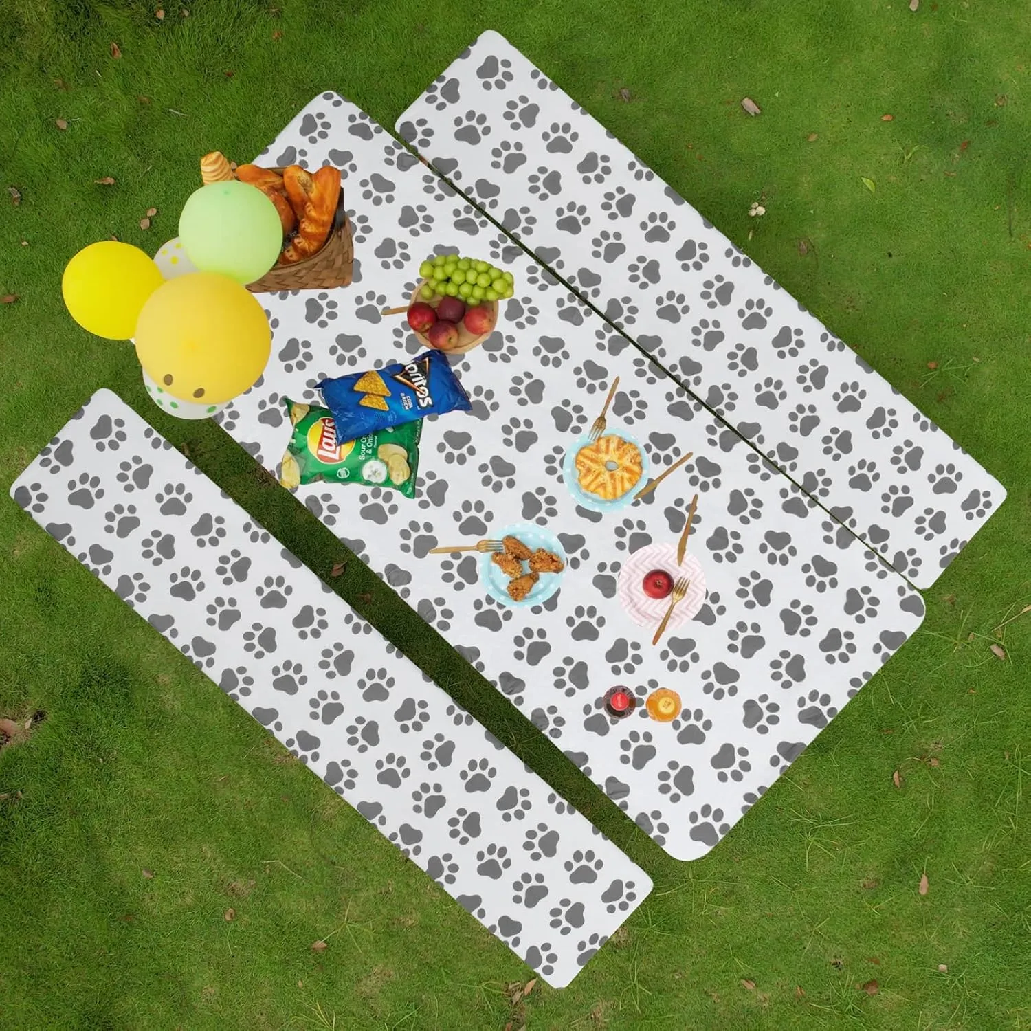 Easy-Going 100% Waterproof Picnic Outdoor Tablecloth with Bench Covers Fit 8 Foot Rectangle Table, 3-Piece Set Camping Table Cover with Seat Covers (30x96 in, Gray-Paw)