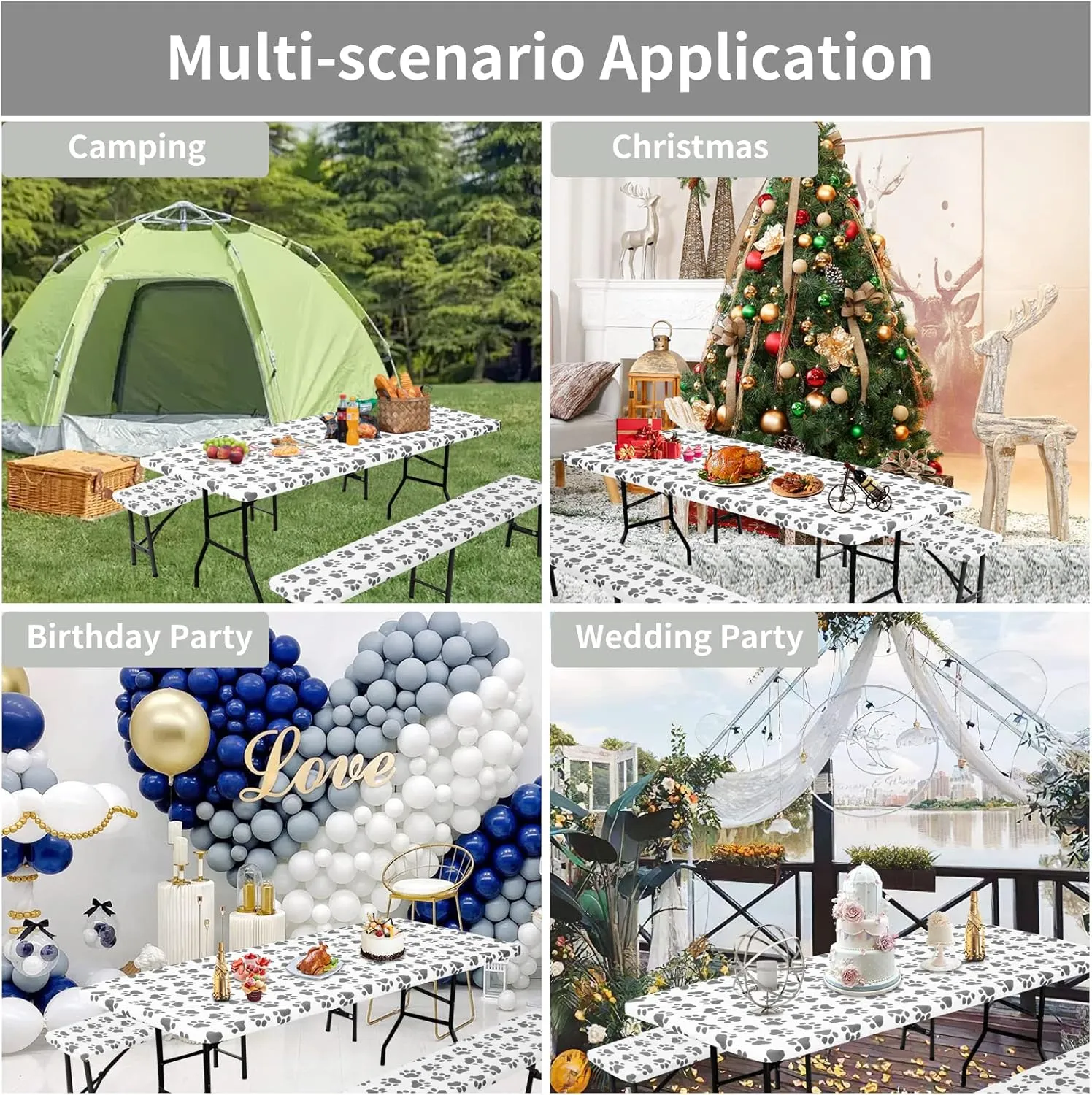 Easy-Going 100% Waterproof Picnic Outdoor Tablecloth with Bench Covers Fit 8 Foot Rectangle Table, 3-Piece Set Camping Table Cover with Seat Covers (30x96 in, Gray-Paw)