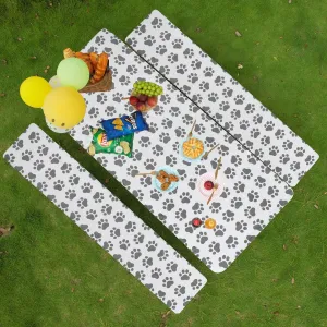 Easy-Going 100% Waterproof Picnic Outdoor Tablecloth with Bench Covers Fit 8 Foot Rectangle Table, 3-Piece Set Camping Table Cover with Seat Covers (30x96 in, Gray-Paw)