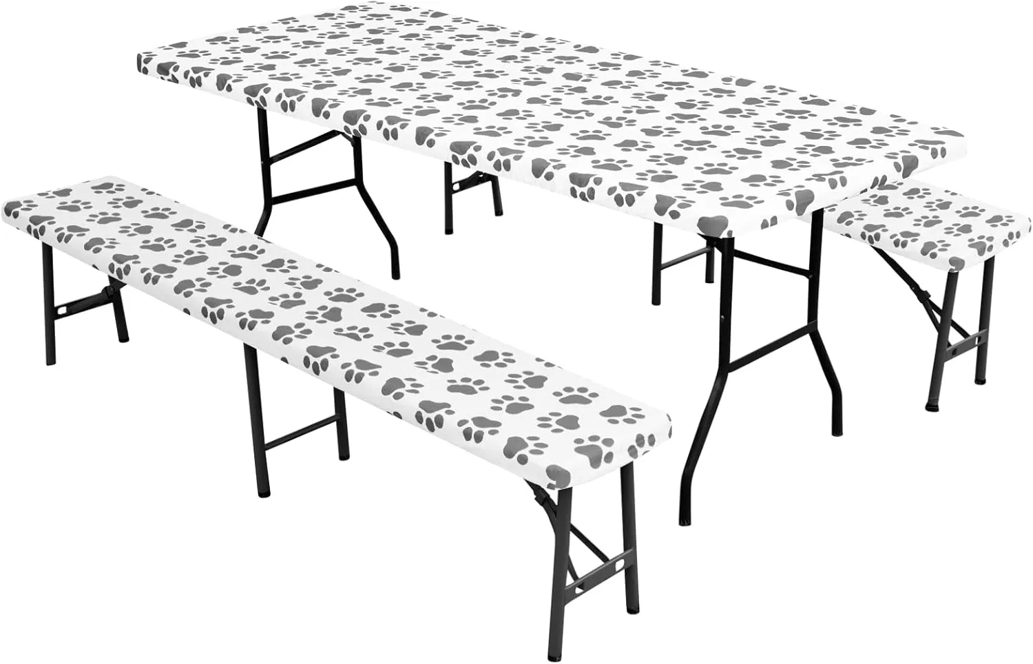 Easy-Going 100% Waterproof Picnic Outdoor Tablecloth with Bench Covers Fit 8 Foot Rectangle Table, 3-Piece Set Camping Table Cover with Seat Covers (30x96 in, Gray-Paw)