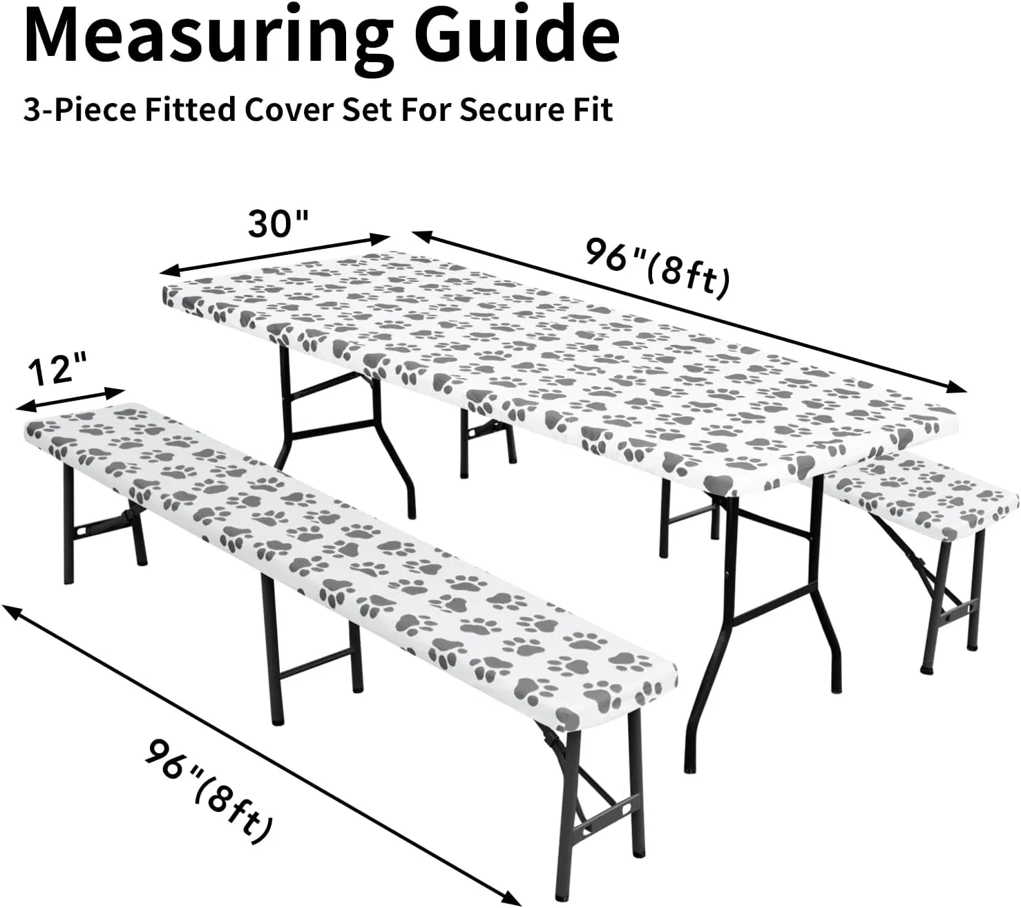 Easy-Going 100% Waterproof Picnic Outdoor Tablecloth with Bench Covers Fit 8 Foot Rectangle Table, 3-Piece Set Camping Table Cover with Seat Covers (30x96 in, Gray-Paw)