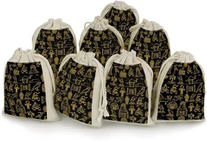 Egyptian Nefertiti and Ra Anubis and Pyramids Mummy Sphinx 8 Pack Small Drawstrings Storage Bags Candy Gift Pouches Cotton Linen Pockets for Birthday Party Wedding