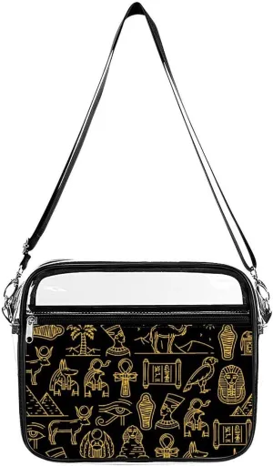 Egyptian Nefertiti and Ra Anubis and Pyramids Mummy Sphinx Clear Crossbody Bag with Adjustable Shoulder Strap PVC Clear Purse Messenger Bag for Men Women