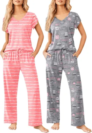 Ekouaer 2 Pack Womens Pajamas Short Sleeve Sleepwear Top with Pants Super-Soft Printed Lounge Sets S-XXL