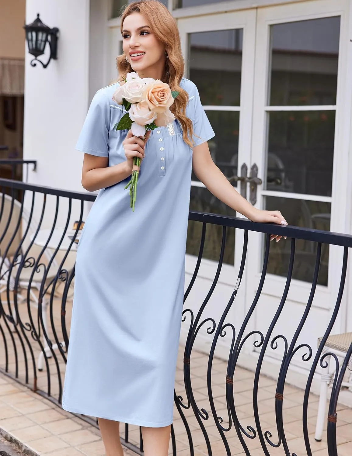 Ekouaer Cotton Nightgowns for Women Short Sleeve Sleepshirt Ladies Victorain Sleepwear Gown Soft Loungewear with Pockets