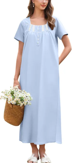 Ekouaer Cotton Nightgowns for Women Short Sleeve Sleepshirt Ladies Victorain Sleepwear Gown Soft Loungewear with Pockets