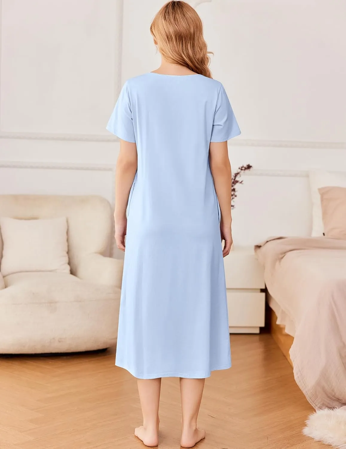 Ekouaer Cotton Nightgowns for Women Short Sleeve Sleepshirt Ladies Victorain Sleepwear Gown Soft Loungewear with Pockets