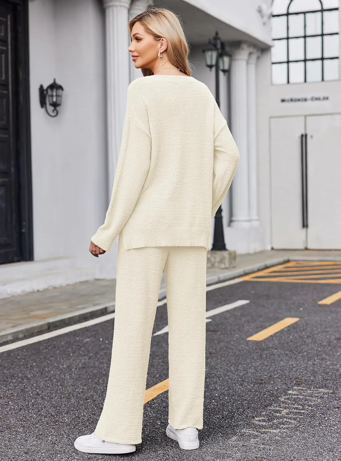 Ekouaer Pajamas for Women 2 Piece Lounge Set Fuzzy Fleece Long Sleeve Pullover Sweater Top Wide Leg Pants Set Outfits S-XXL