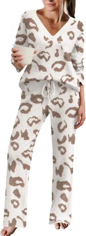 Ekouaer Pajamas for Women 2 Piece Lounge Set Fuzzy Fleece Long Sleeve Pullover Sweater Top Wide Leg Pants Set Outfits S-XXL