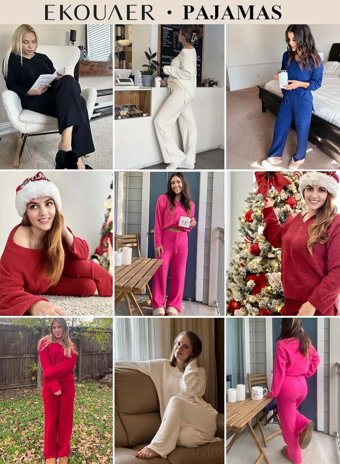 Ekouaer Pajamas for Women 2 Piece Lounge Set Fuzzy Fleece Long Sleeve Pullover Sweater Top Wide Leg Pants Set Outfits S-XXL