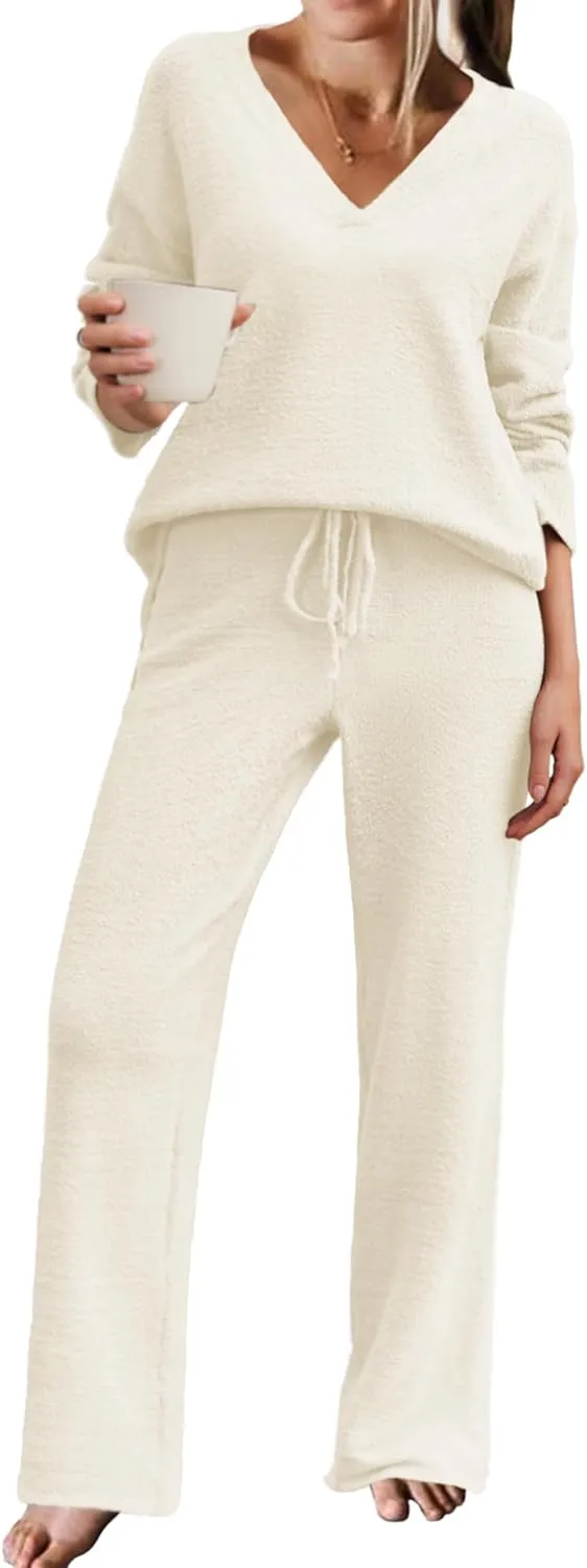 Ekouaer Pajamas for Women 2 Piece Lounge Set Fuzzy Fleece Long Sleeve Pullover Sweater Top Wide Leg Pants Set Outfits S-XXL