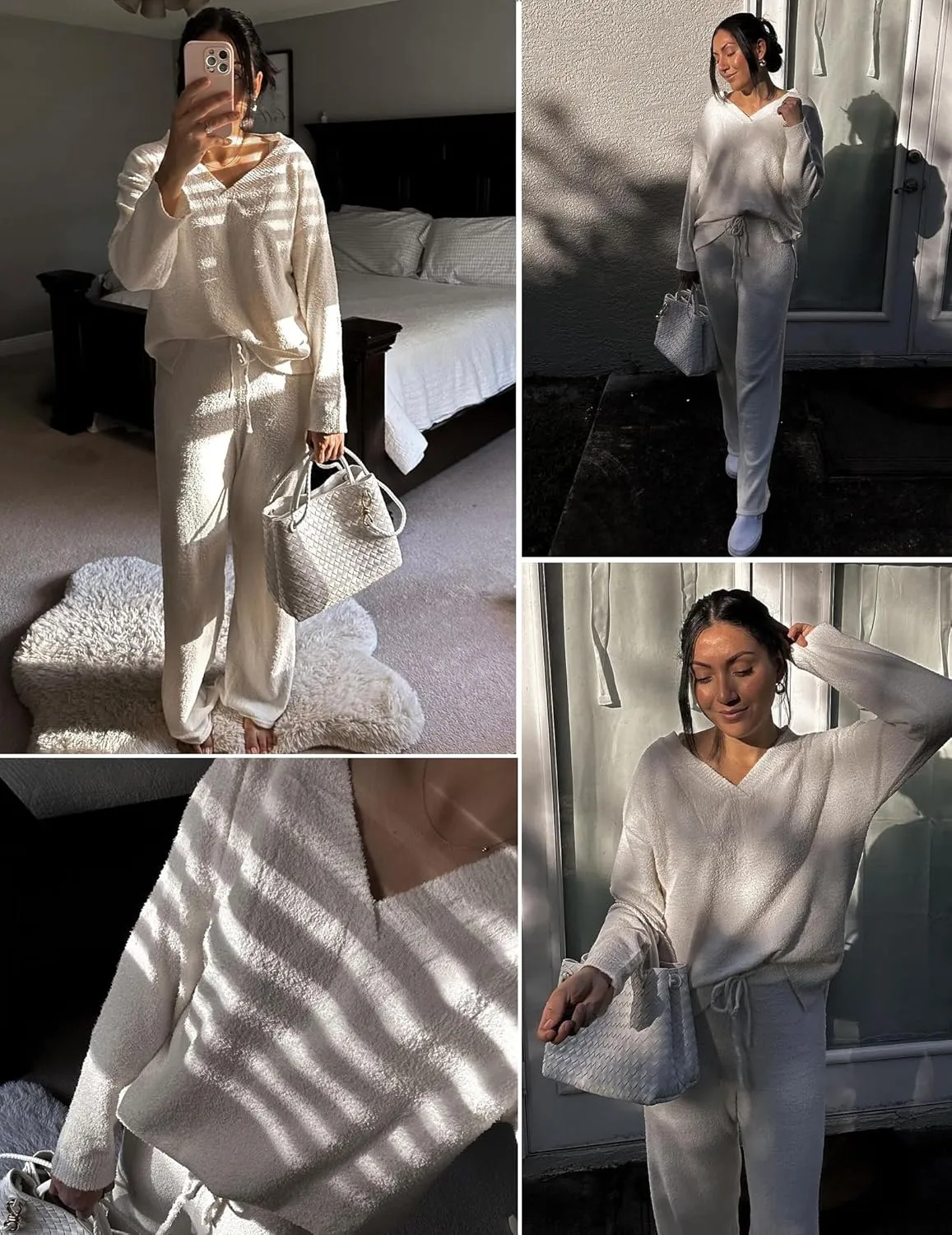 Ekouaer Pajamas for Women 2 Piece Lounge Set Fuzzy Fleece Long Sleeve Pullover Sweater Top Wide Leg Pants Set Outfits S-XXL