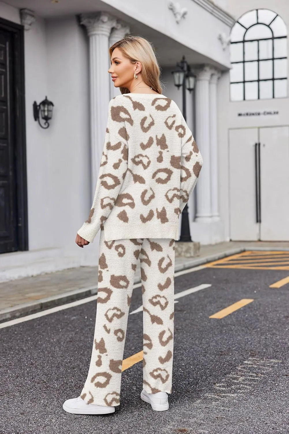 Ekouaer Pajamas for Women 2 Piece Lounge Set Fuzzy Fleece Long Sleeve Pullover Sweater Top Wide Leg Pants Set Outfits S-XXL