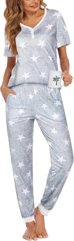 Ekouaer Pajamas Set Womens 2 Piece Lounge Set Short Sleeve Pjs Joggers Pants Sleepwear with Pockets