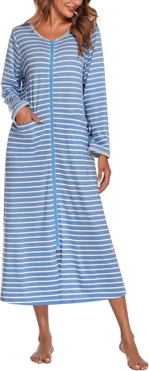 Ekouaer Women Long House Coat Zipper Front Robes Full Length Nightgowns with Pockets Striped Loungewear S-4XL