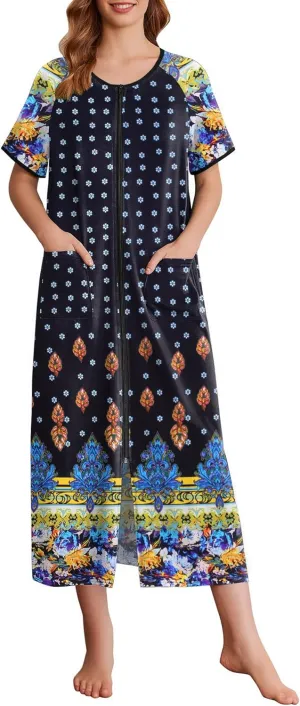 Ekouaer Women Robes Zipper Front Short Sleeve Full Length Housecoat with Pockets Loungewear S-4XL