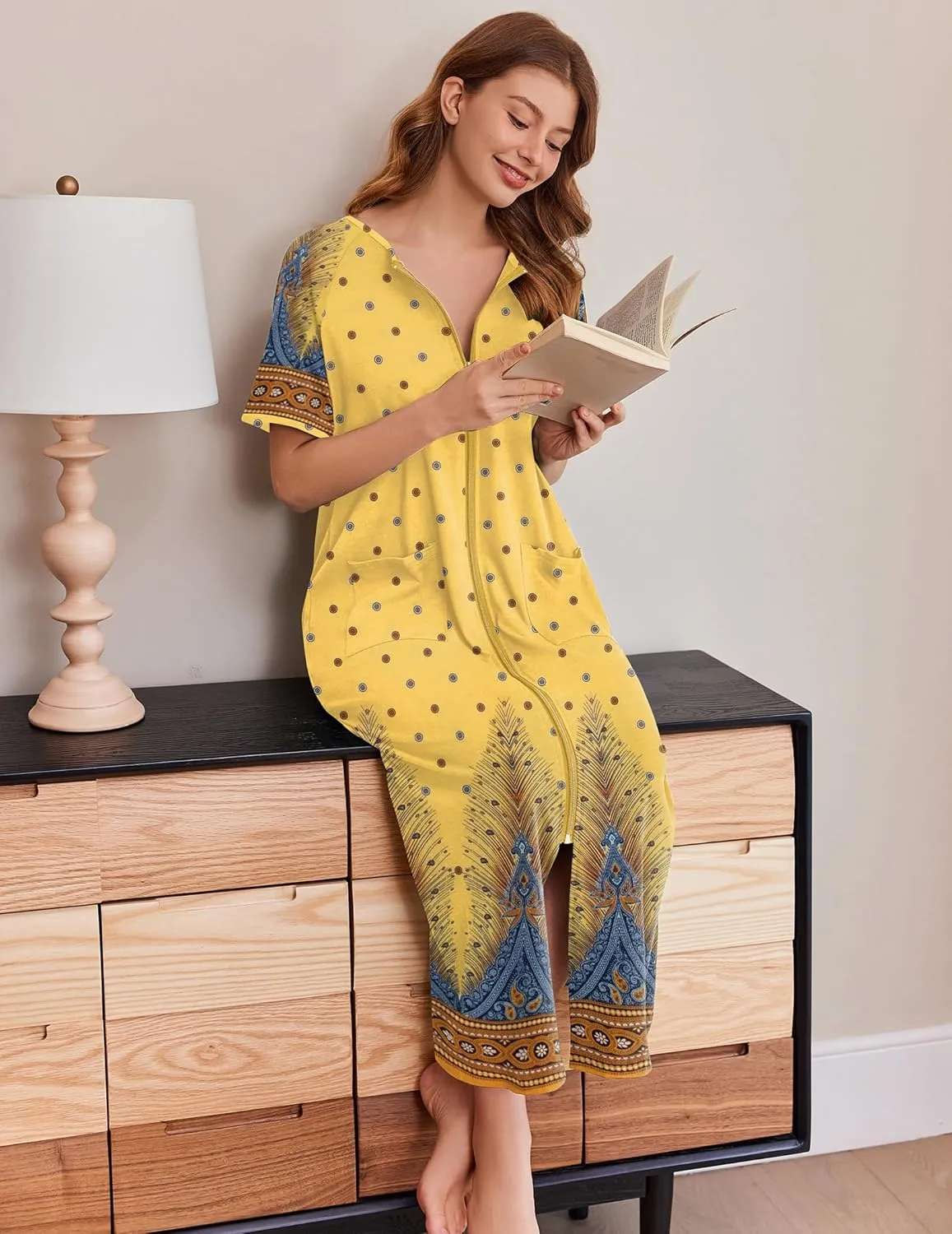 Ekouaer Women Robes Zipper Front Short Sleeve Full Length Housecoat with Pockets Loungewear S-4XL