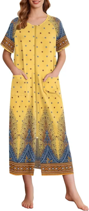 Ekouaer Women Robes Zipper Front Short Sleeve Full Length Housecoat with Pockets Loungewear S-4XL