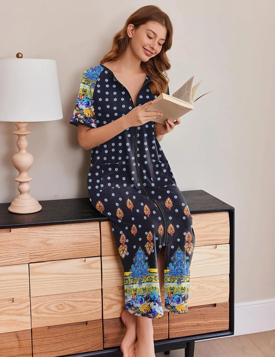 Ekouaer Women Robes Zipper Front Short Sleeve Full Length Housecoat with Pockets Loungewear S-4XL